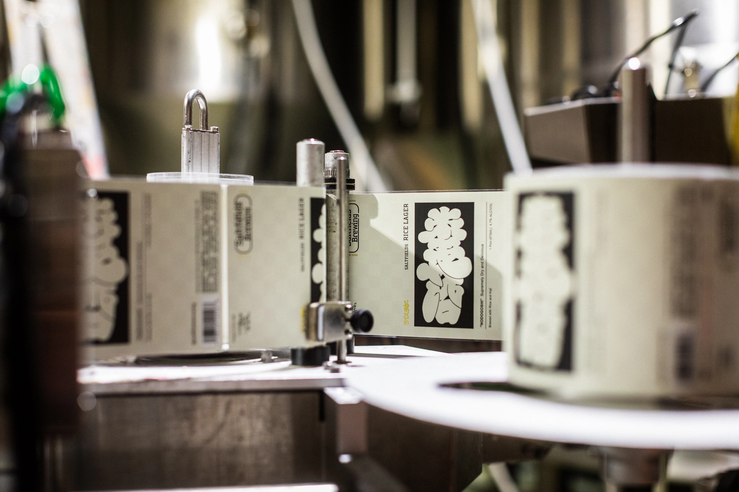 Labeled cans traveling along brewery equipment